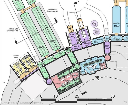 2-D blueprint of a Mars outpost with connected modules. Image courtesy of Georgi Petrov and Mars Foundation